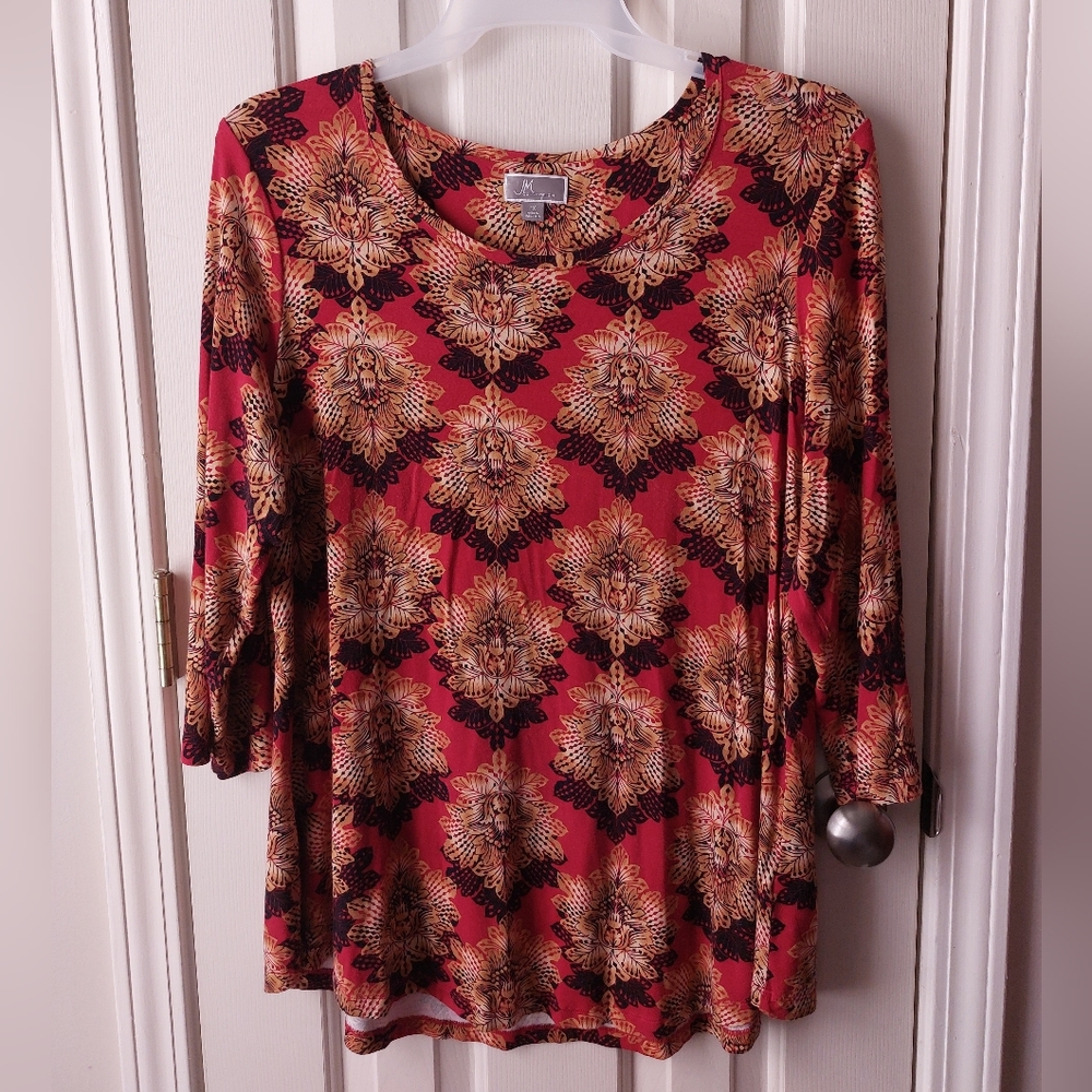 JM Collection - Red & Orange Blouse Geometric Leaf Design